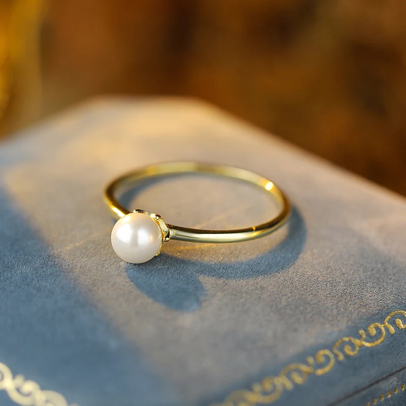 Stylish 14K Gold Pearl Round Authentic S925 Sterling Silver Lovers Valentine's Day Gift Jewelry Ring for Women and Men Jewelry