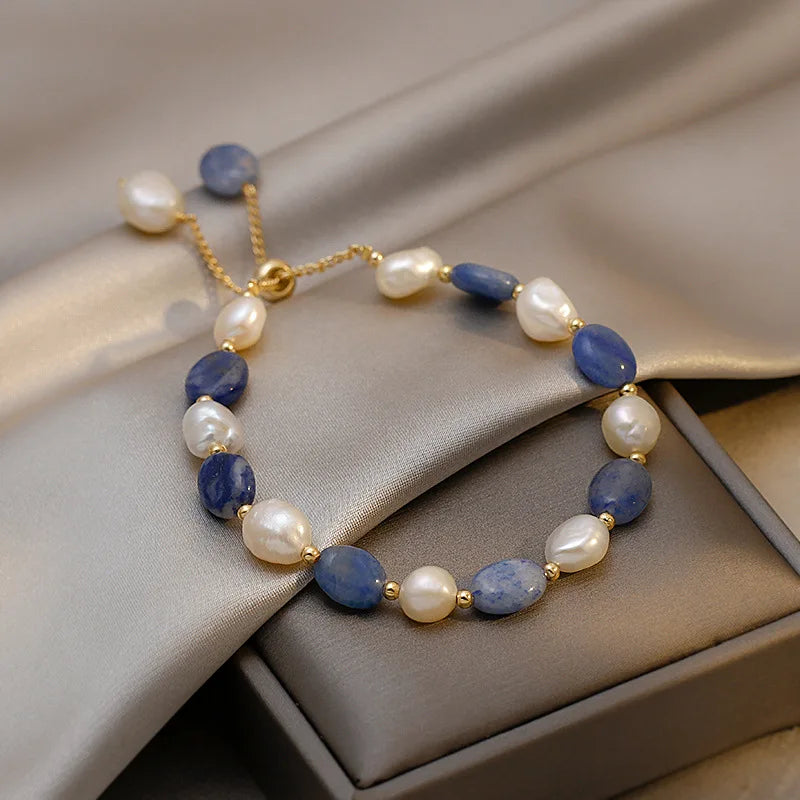 Blue Jade Stone & Baroque Freshwater Pearl 14K Gold Filled Female Charm Bracelet Jewelry