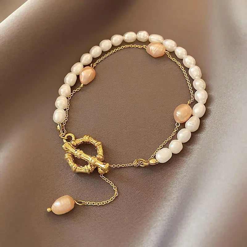 Fashion Simple Design Natural Freshwater Pearl 14K Gold Filled Ladies Double Bracelet Jewelry