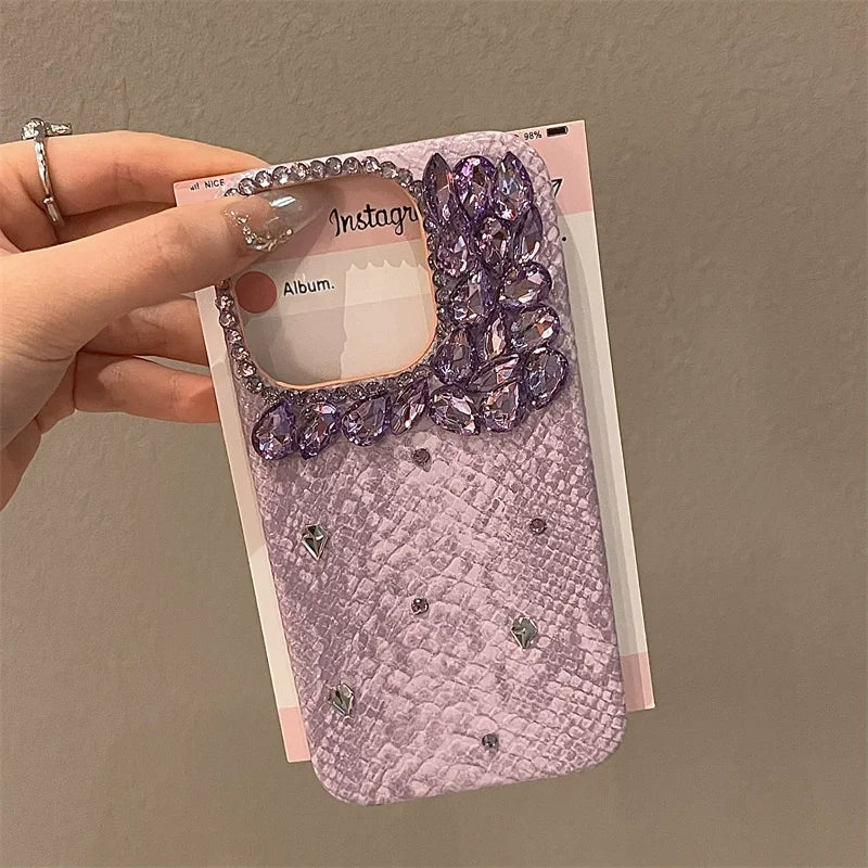 High Quality Luxurious GlitterSnakeskin Plating Diamond Phone Case For iPhone16 15 14 13 12 Pro Max Bling Rhinestones Back Cover