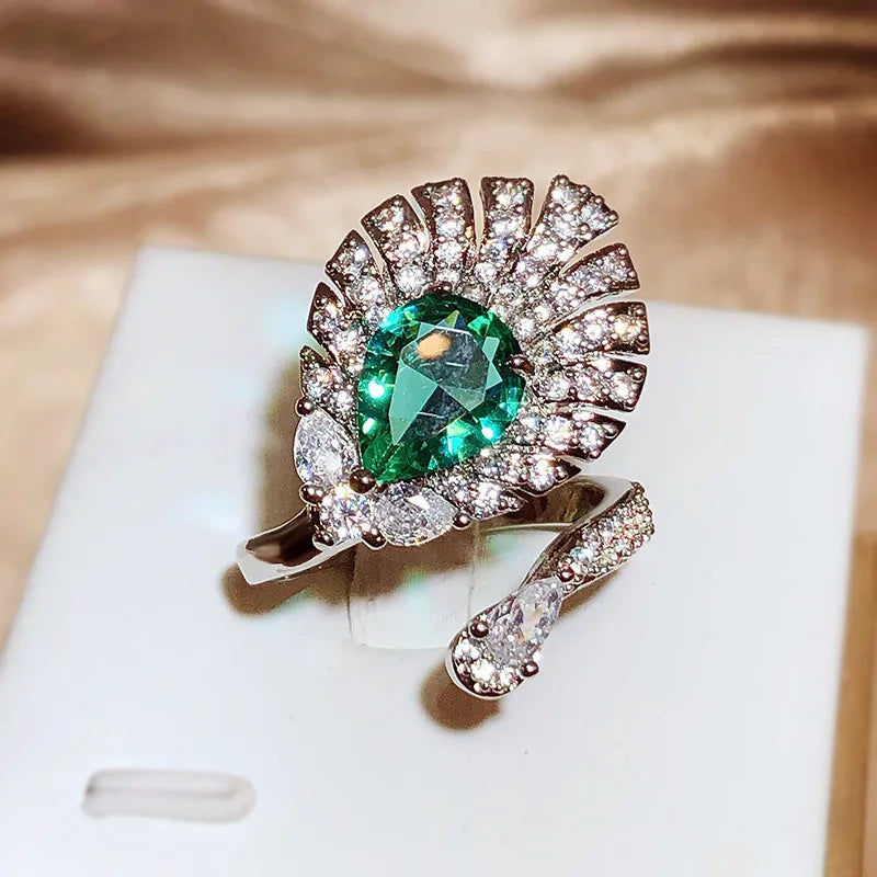 Unique Irregular Peacock Tail Oval Emerald Full Diamond Zirconia  Jewelry