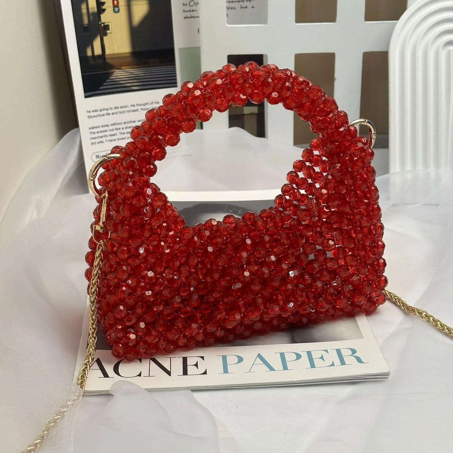 Original Red Half Moon Handbags Homemade Beade Woven Ladies Long Chain Bags Versatile Casual Retro Designer Party Bag