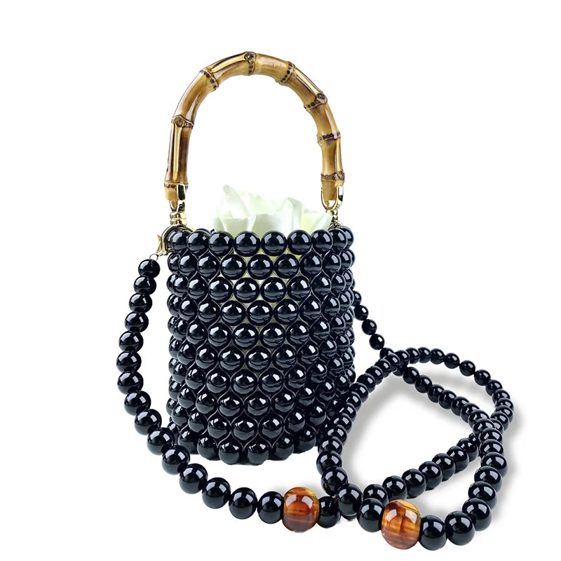 Product Network Red Bamboo Knot Handle Bag Pearl Chain Mini Bucket Bag