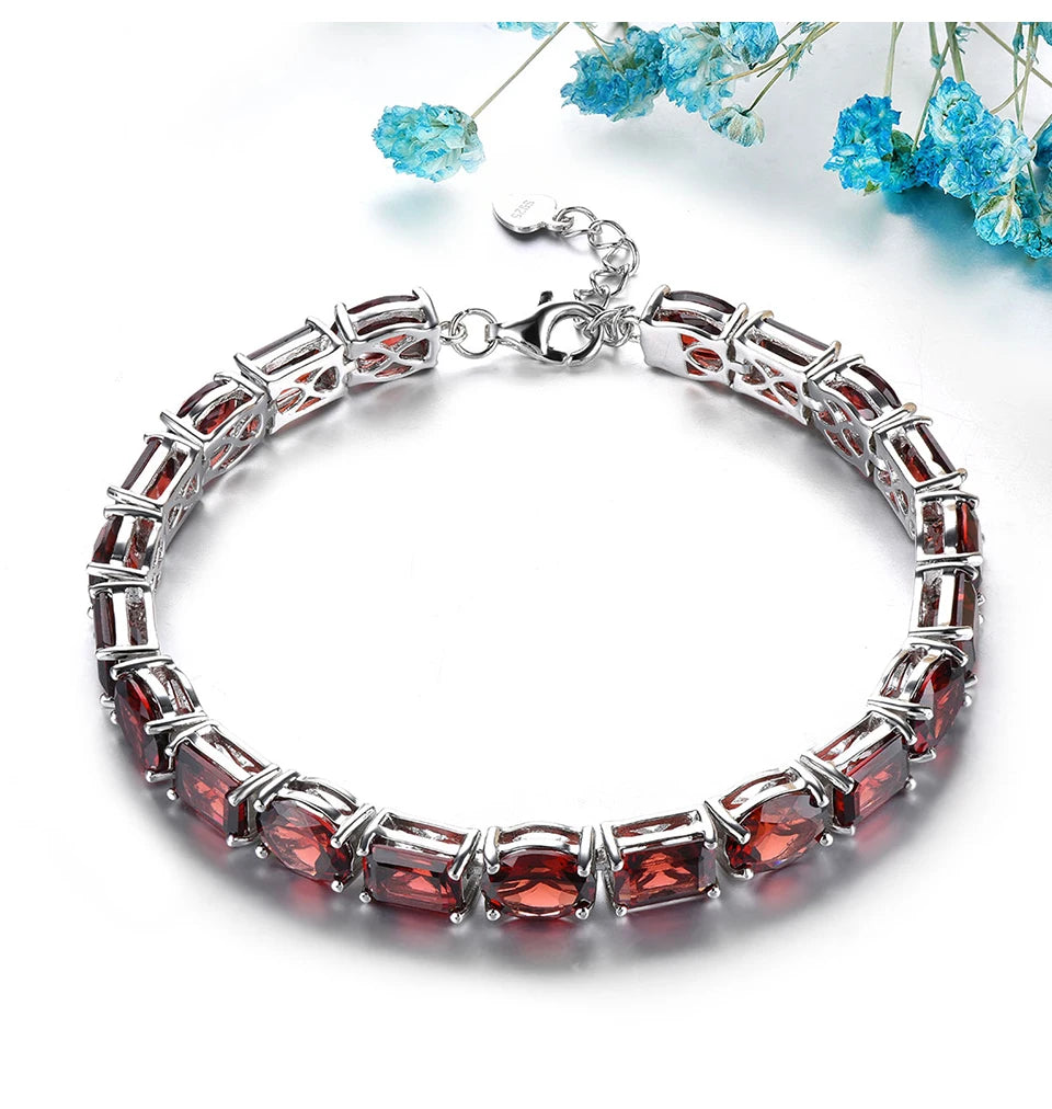 Natural Red Garnet Sterling Silver S925   Bracelet 38.5 Carats Genuine Gemstone Luxury Gorgerous