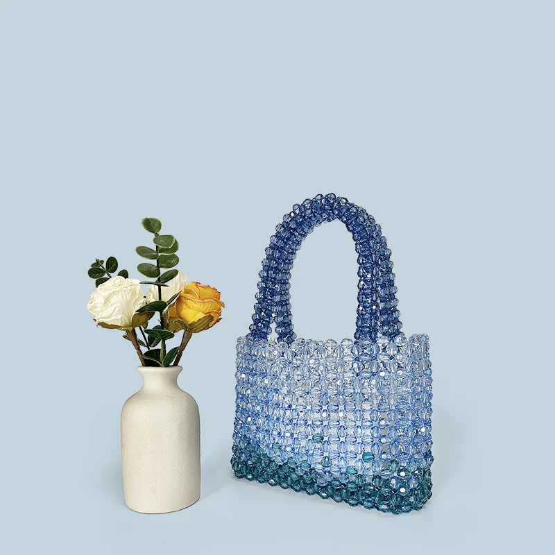 Transparent corner bead acrylic exquisite gradient blue hand woven fashionable versatile handbag universal