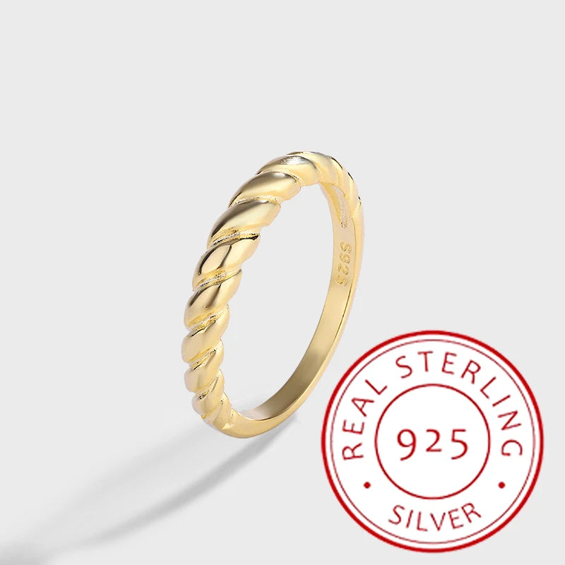 Minimalist Authentic S925 Silver 14K Gold Twisted Pattern Croissant Ring, Fashionable and Versatile