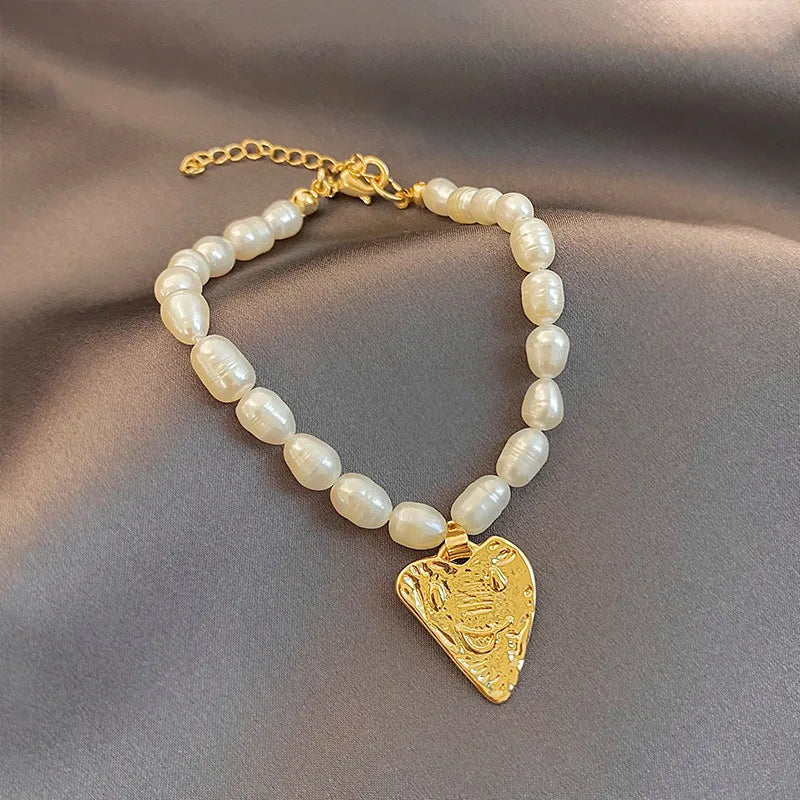 Romantic Love Heart Natural Freshwater Pearl 14K Gold Filled Ladies Charm Bracelet Jewelry