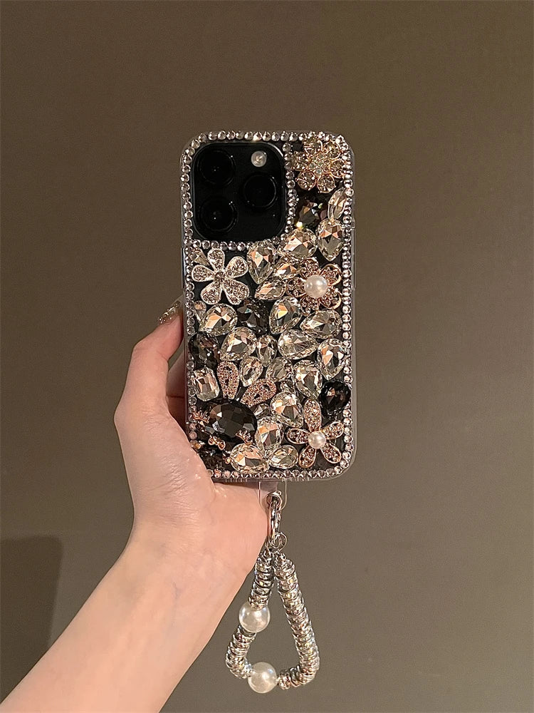 High Quality Luxurious Glitter Phone Case For iPhone 16 15 14 13 12 11 ProMax Diamond Bling For iPhone 16Pro hanging chain Cover