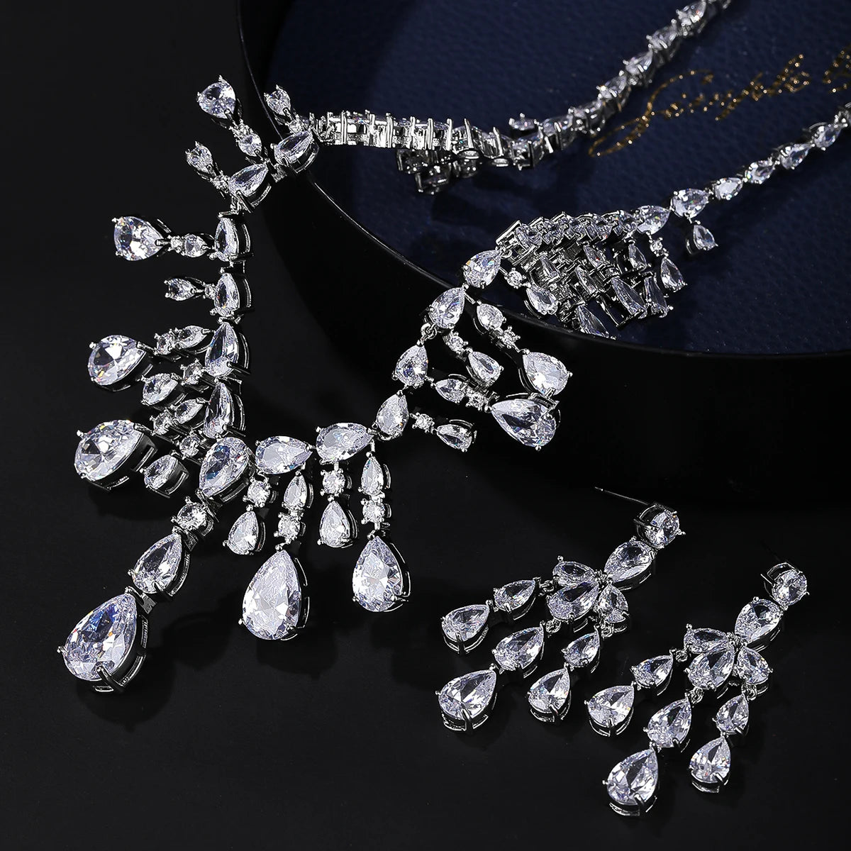 Silver Color Cubic Zirconia Bridal Party Wedding Necklace Earrings Jewelry Set For Women Bridesmaid Accessories Gift CN10679