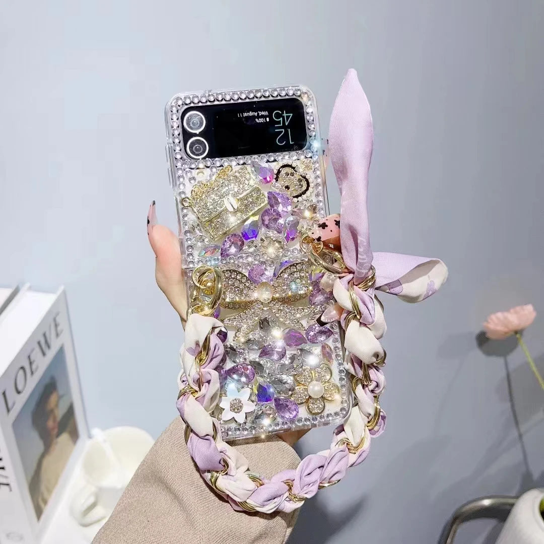 Rhinestone Diamond Stone Silk Wrist Phone Case For Samsung Galaxy Z Flip 6 5 3 4 5G