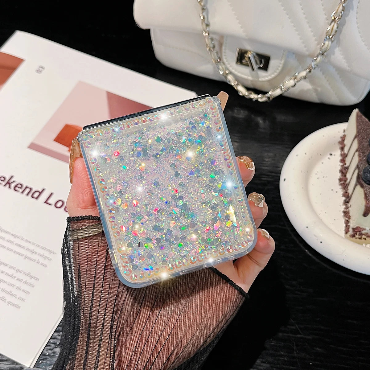 For Samsung Galaxy Z Flip 6 5 4 3 G Luxury Cute Pearl Diamond Crystal Liquid Glitter Phone Case Cover