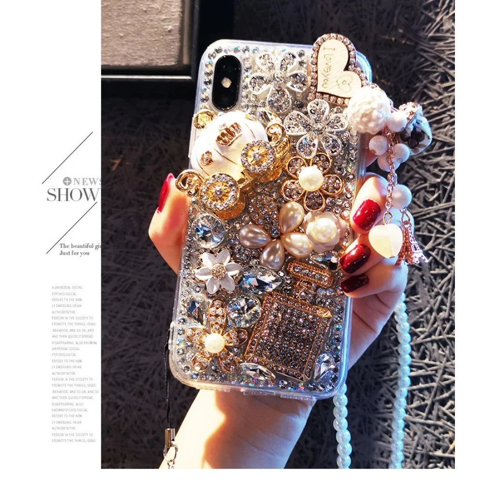 Sparkling Rhinestone Jewelry Phone Case with Strap, 3D Diamond, Luxury, for Huawei P50 P60 Pro Mate 50 60 Honors 80 90 100 Pro