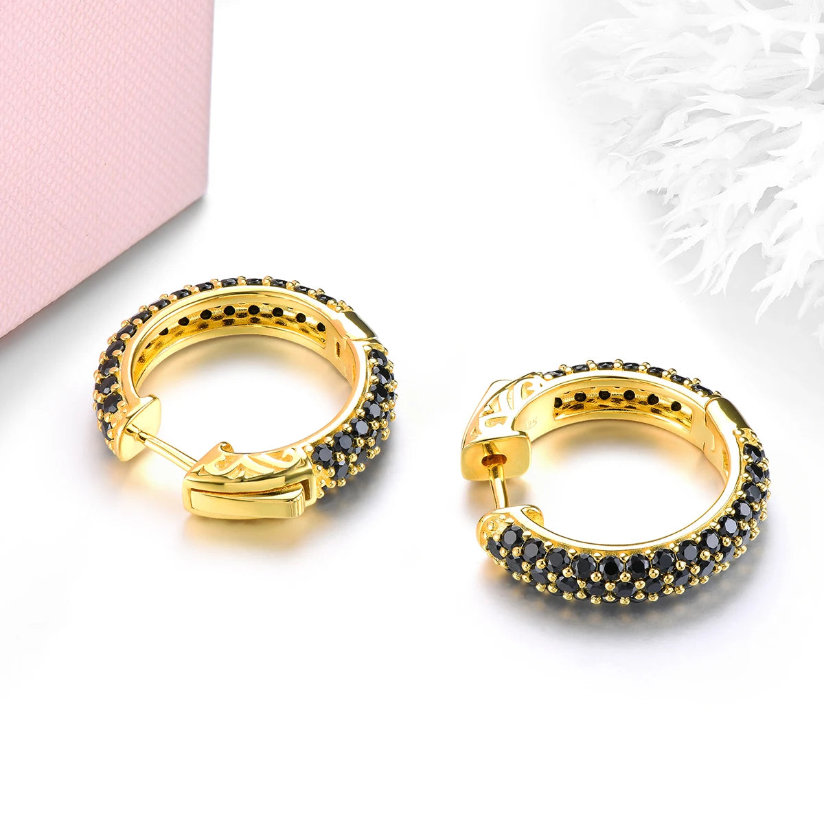 Natural Black Spinel Silver Hoop Earring S925 Yellow Gold  Spinel Classic Original Style Top Quality