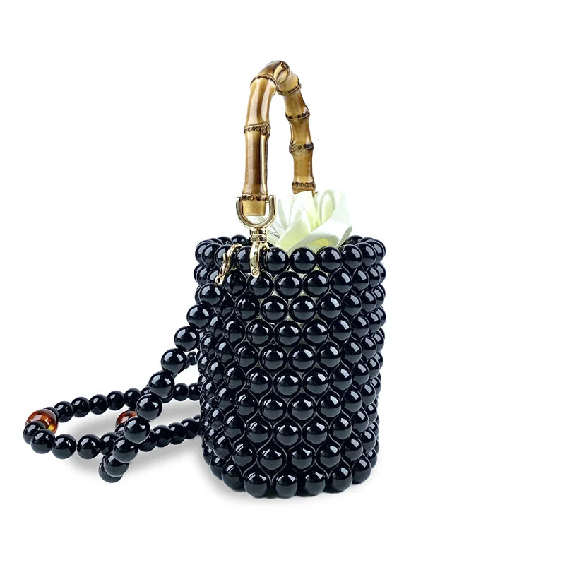 Product Network Red Bamboo Knot Handle Bag Pearl Chain Mini Bucket Bag