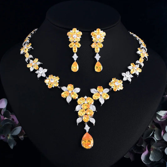 Yellow Luxury Cubic Zircon Flower Necklace Earrings Two Piece Set Dress Wedding Bride Dress Jewelry Set LYT0315