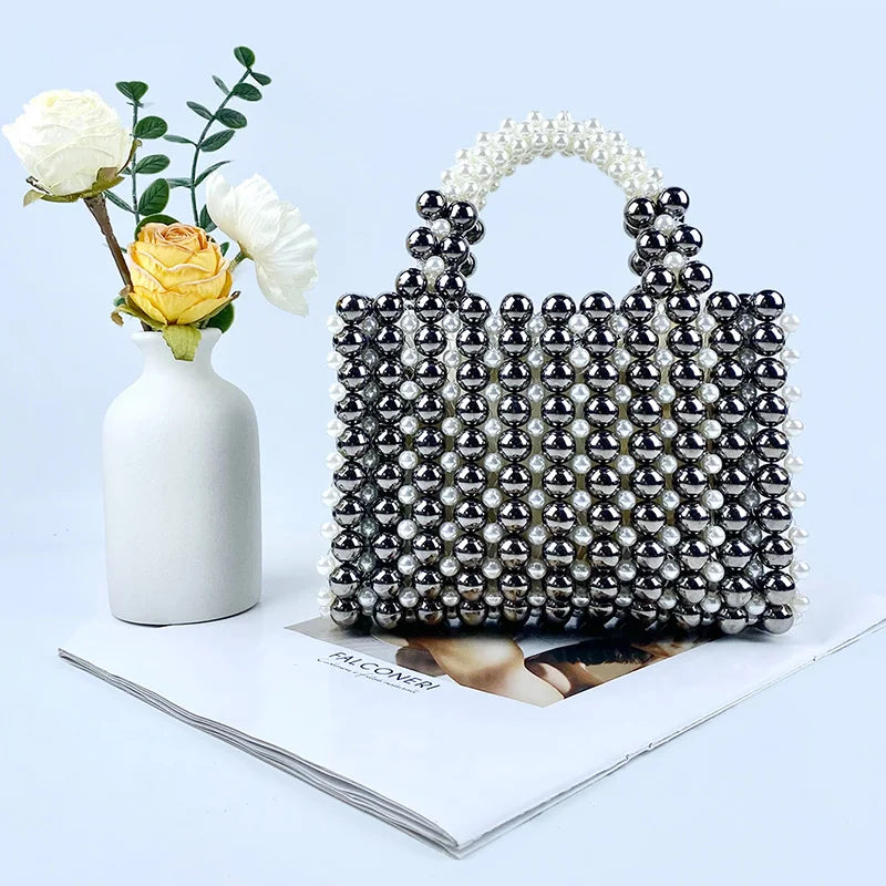 French Fashion High Quality String Handmade Beaded Weaving Hollow Handheld Bead Dinner Bag