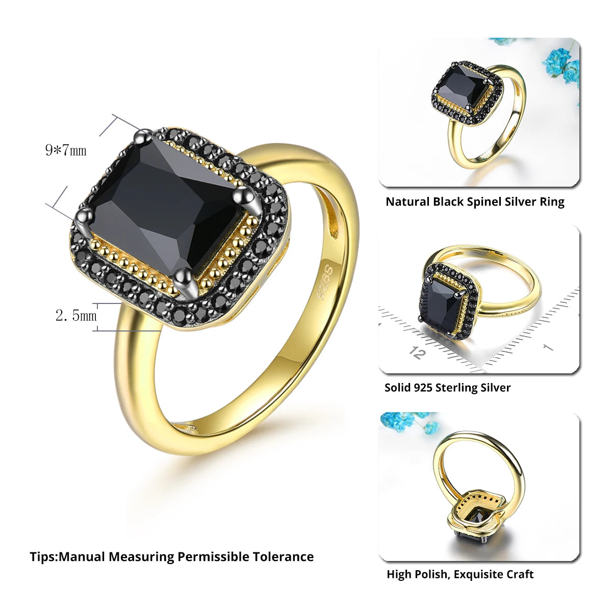 Natural Black Spinel Sterling Silver Yellow Gold Plated 2.6 Carats Genuine Gemstone Classic  Luxury