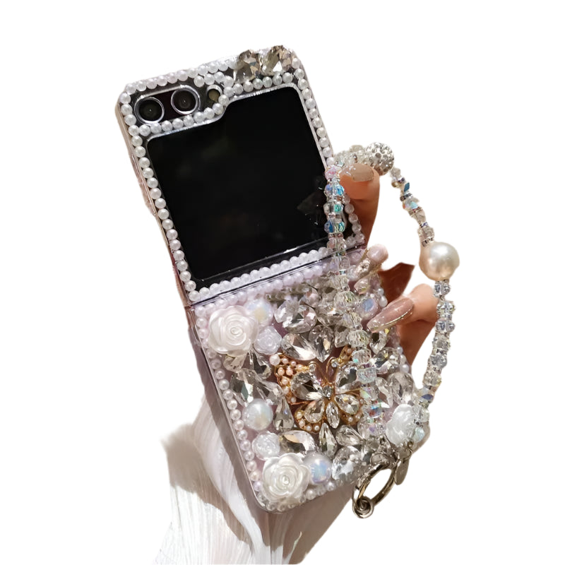 Luxury Crystal Pearl Elegant Butterfly Diamond Gems Strap Phone Case Cover For Samsung Galaxy Z FLIP 3 4 5 6 F7220 Flip6