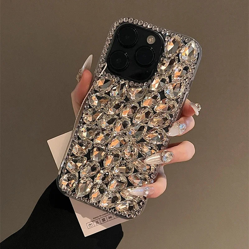 Bling Big Water Drop Crystal Phone Cover For iPhone 16 15 14 13 12 11 Mini Pro Max XR XS 7 8 Plus DIY Full Rhinestone Clear Case