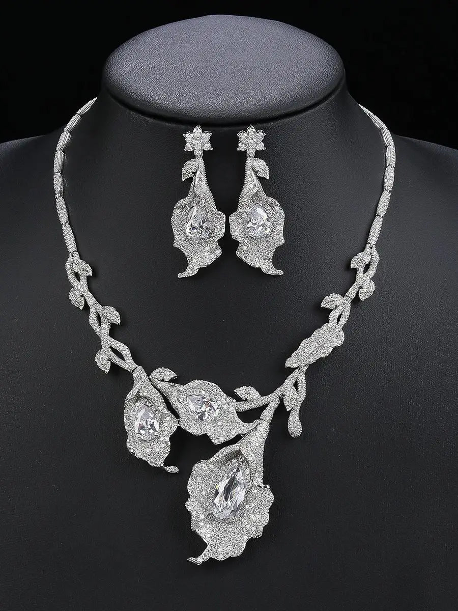 New Unique Design Flower Necklace Earring High Quality 2pcs Wedding Bridal Jewelry Sets For Women Party Accessorie CN11182