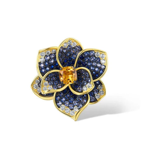 925 Sterling Silver Blue  Yellow Crystal Flower  Jewelry