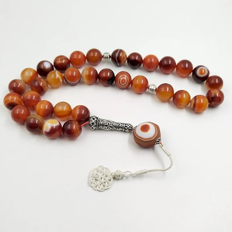 Tasbih Big size natural agate stone Collect art Tibetan eye agate turkish pure silver tassel misbaha High-quality arabic rosary