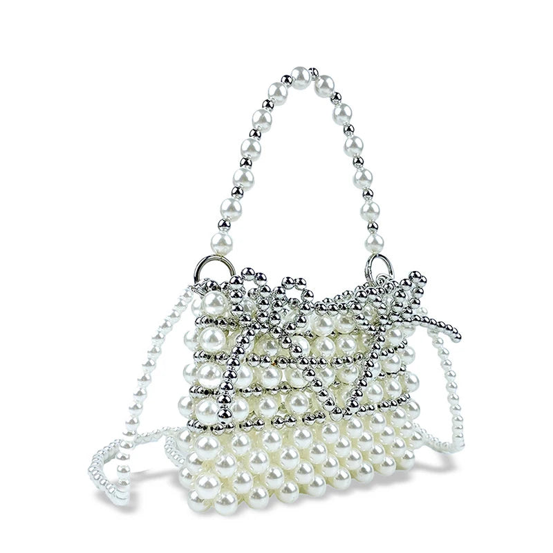 Western style Hollow Woven Pearl Bag Silver Bow Handheld Small Bag Fashionable Commuter Crossbody Bag Handmade Bag