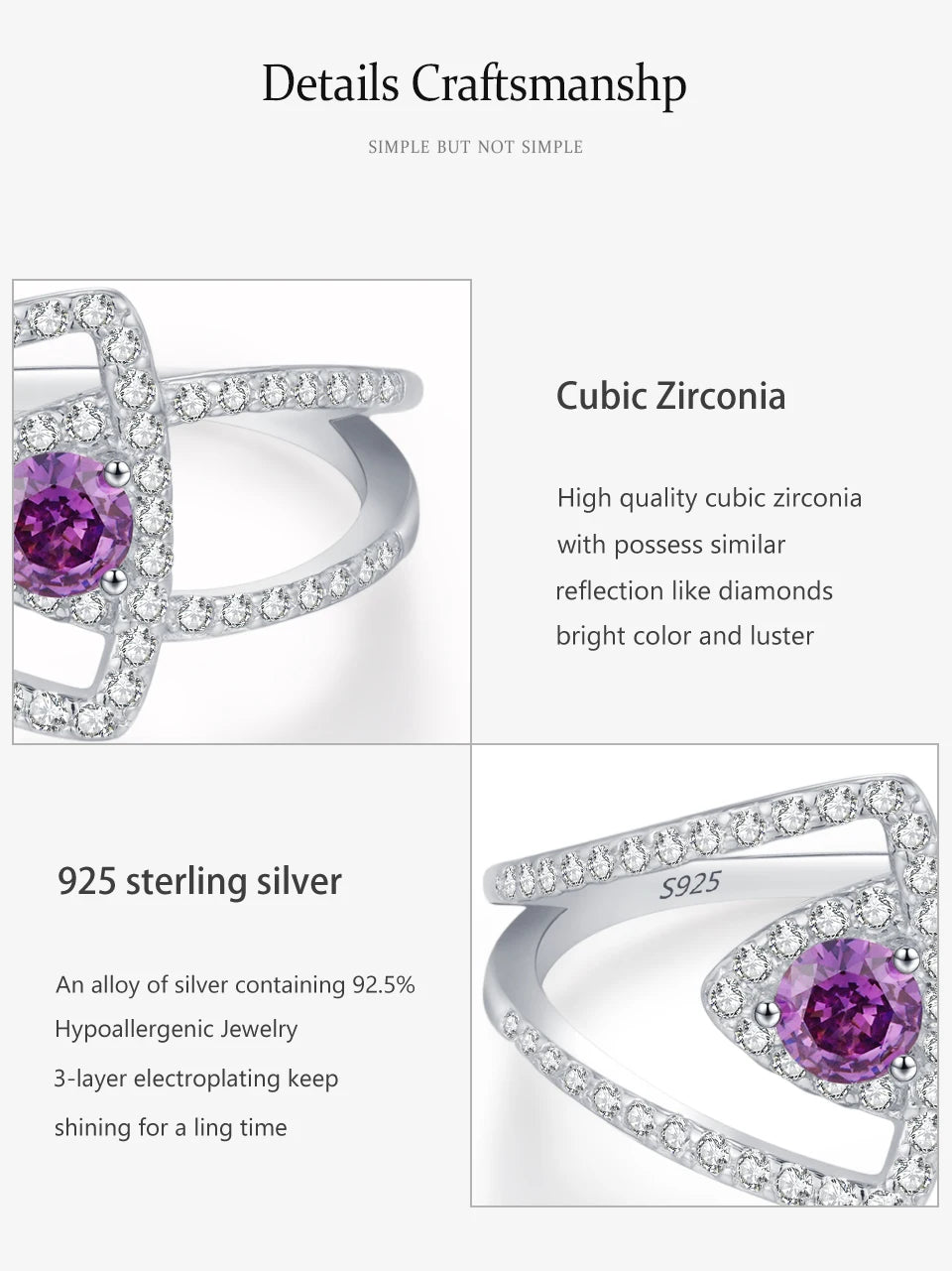 925 Sterling Silver Purple Zircon Hollow Double-Layer Ring For Women Vintage Jewelry