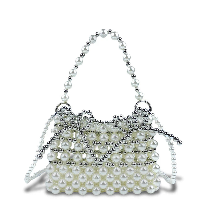 Western style Hollow Woven Pearl Bag Silver Bow Handheld Small Bag Fashionable Commuter Crossbody Bag Handmade Bag