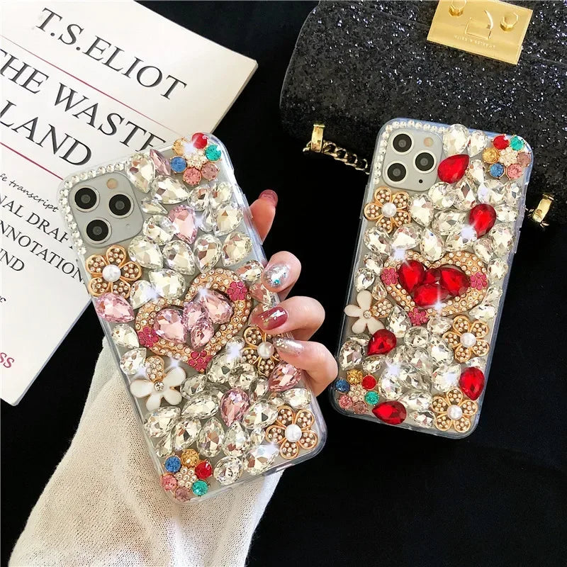 Luxury Handmade Rhinestone Phone Case with Cute Love Heart Design for Huawei P50 P60 Pro Mate 50 60 Honors 80 90 100 Pro