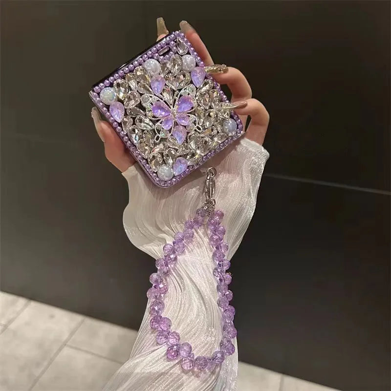 Cute Stone Crystal Pearl Elegant Butterfly Diamond Wrist Phone Case Cover For Samsung Galaxy  Z Flip 3 4 5 6 ZFLIP6