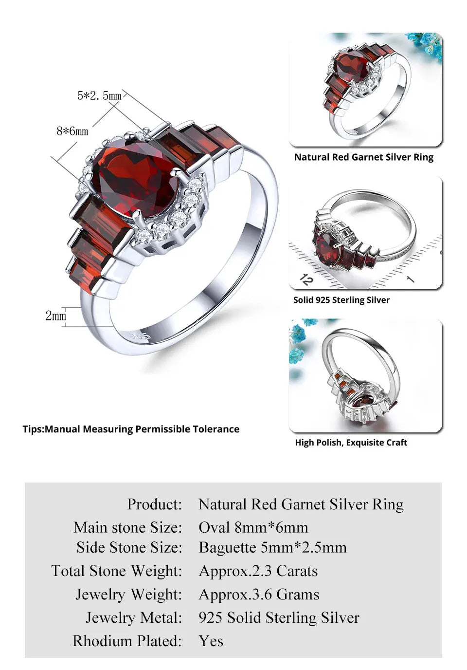 Natural Red Garnet Sterling Silver Rings 2.3 Carats Genuine S925 Fine Jewelrys