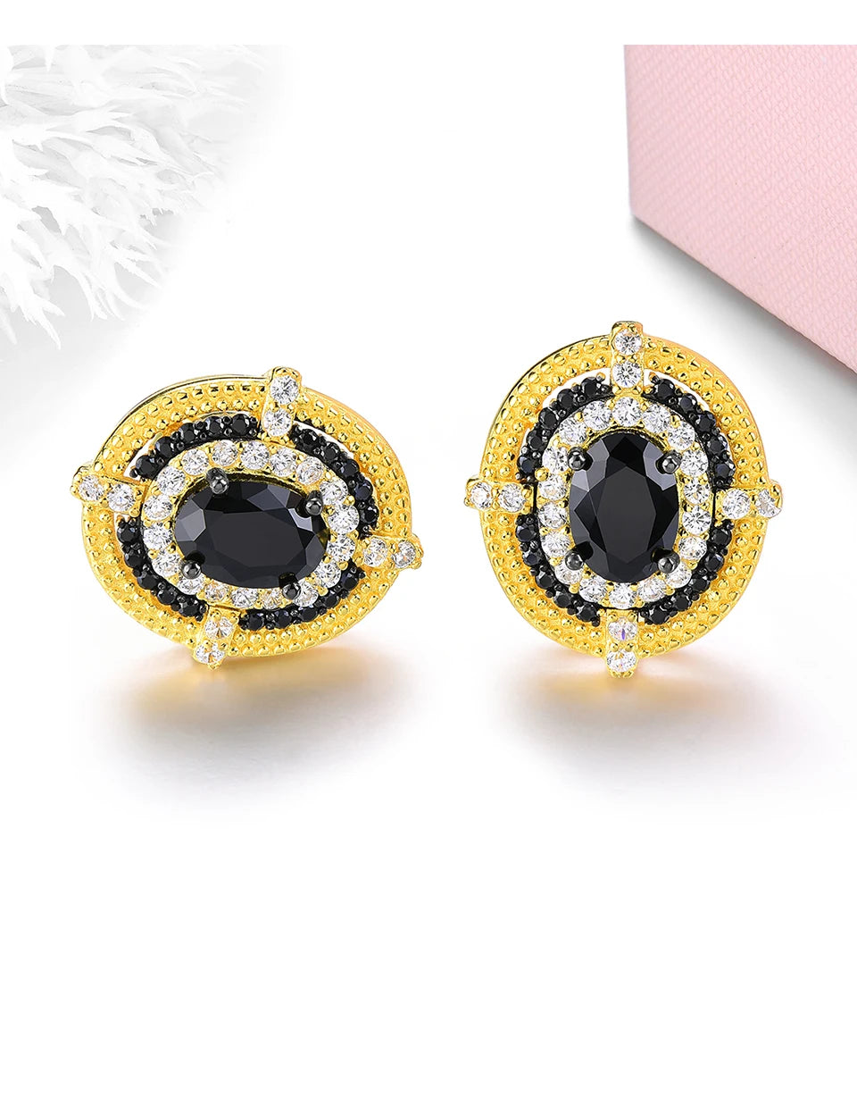 Natural Genuine Black Spinel Yellow Gold Classic Fine Jewelry S925