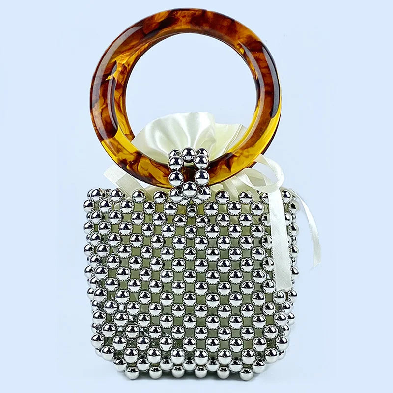 new niche designs, high-end textured beaded woven bead bag, circular ring portable bucket bag