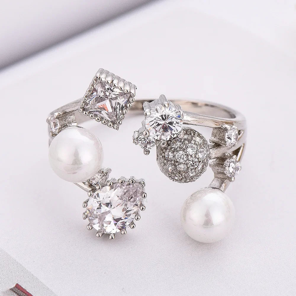 Cute Female Rings 925 Sterling Silver Rings for Women Double Layer Pearl Design Adjustable Rings for Lover Gift Fashion Jewelry