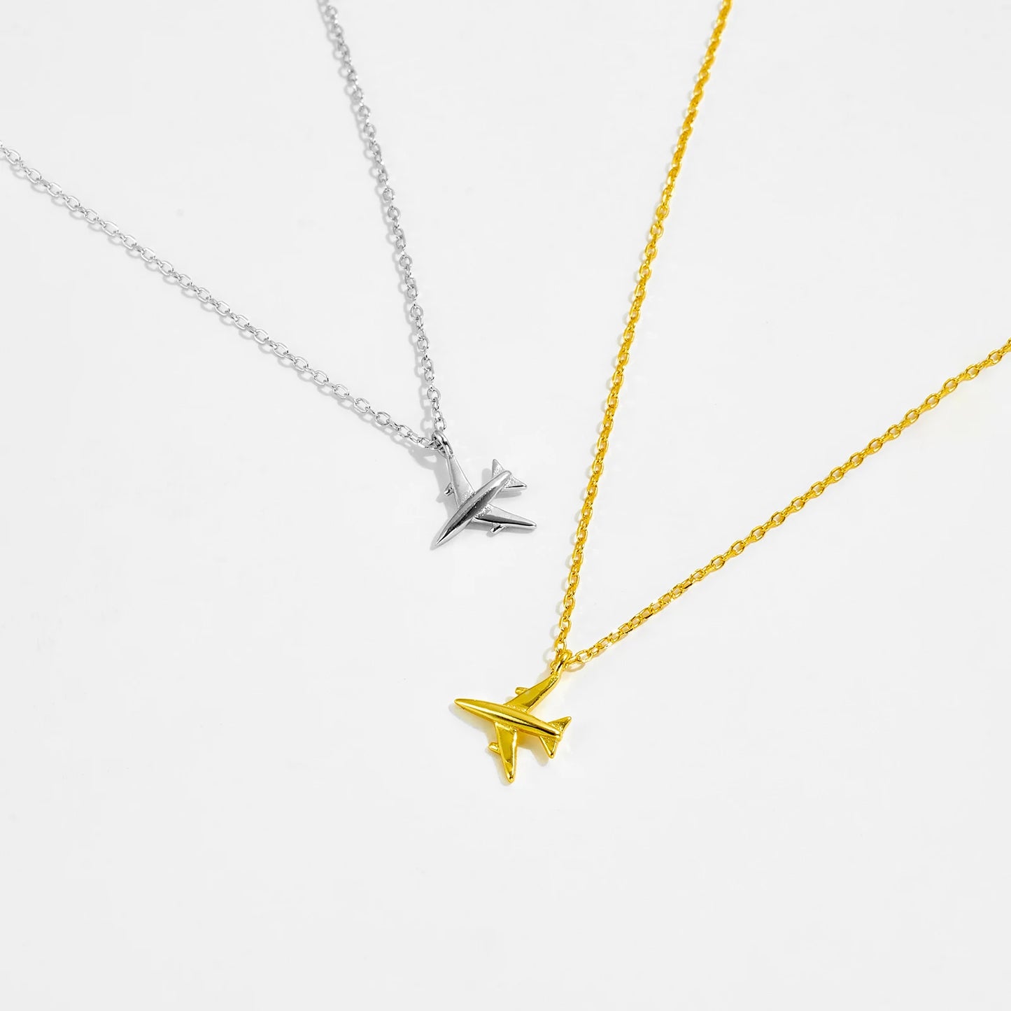 925 Sterling Silver Gold Aircraft Pendant Plain Long Necklace Luxury Trendy  Jewelry