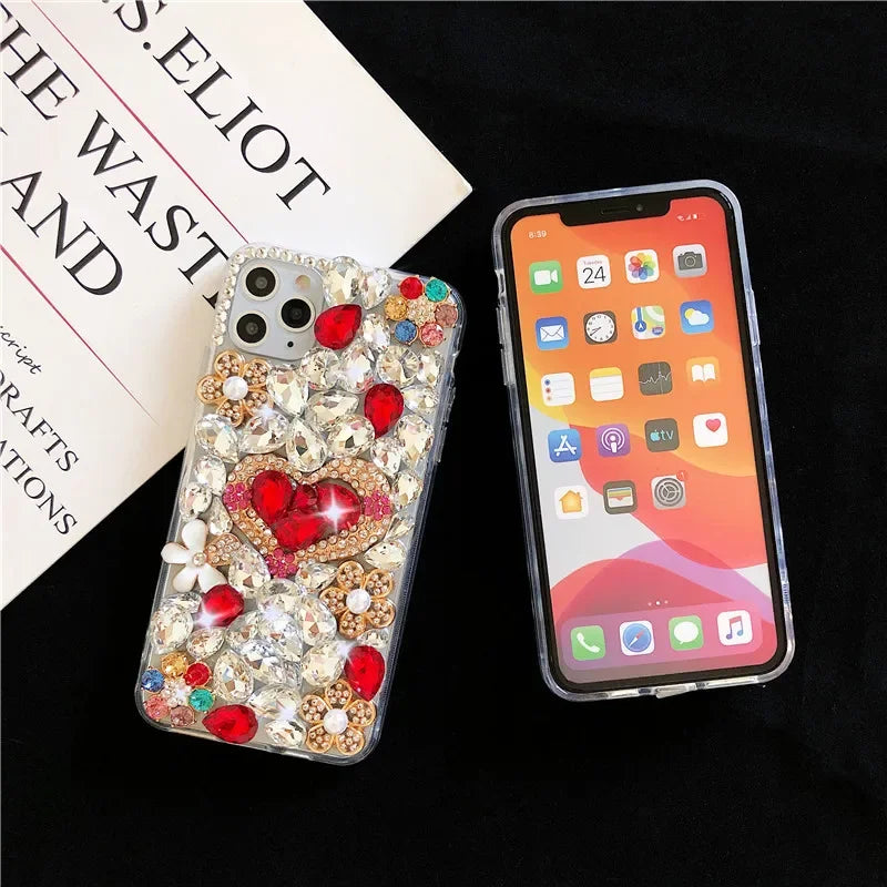 Luxury Handmade Rhinestone Phone Case with Cute Love Heart Design for Huawei P50 P60 Pro Mate 50 60 Honors 80 90 100 Pro