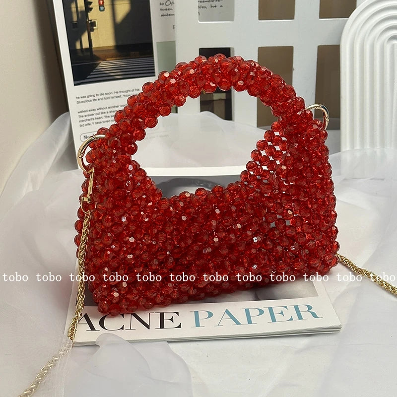 Original Red Half Moon Handbags Homemade Beade Woven Ladies Long Chain Bags Versatile Casual Retro Designer Party Bag