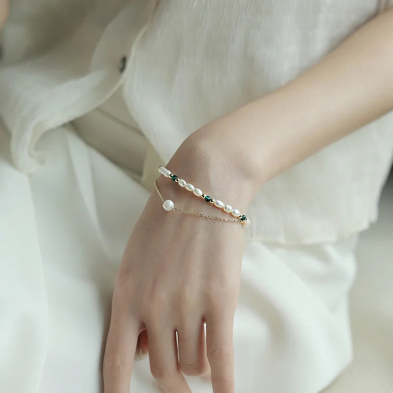 New Arrival Trendy Contrast Stitched Double-layer Bracelet Natural Freshwater Pearl 14K Gold Filled