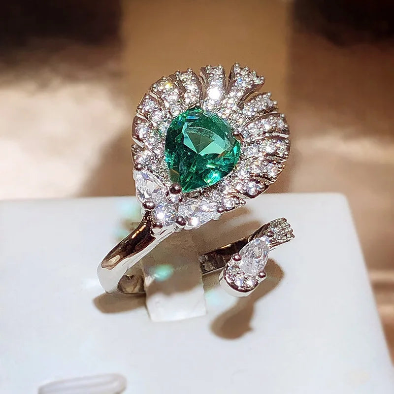 Unique Irregular Peacock Tail Oval Emerald Full Diamond Zirconia  Jewelry