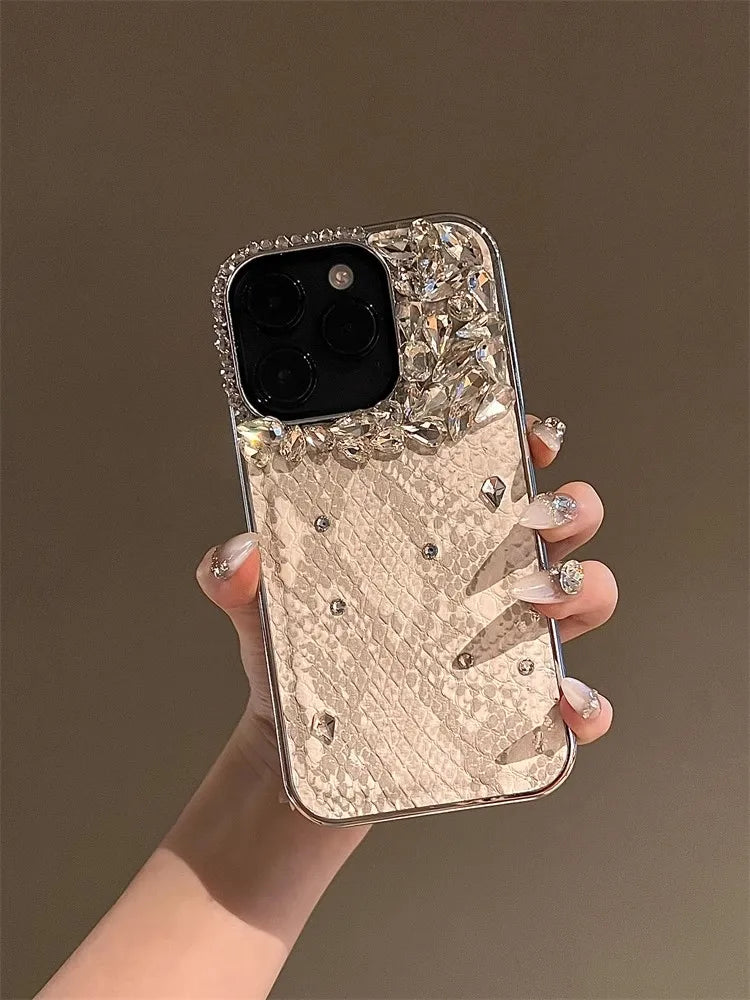 Bling Silver Diamond Glitter Phone Casing For iPhone 16 15 Pro Max 11 12 13 14 Pro Max Luxury Snake Leather Plating Back Cover