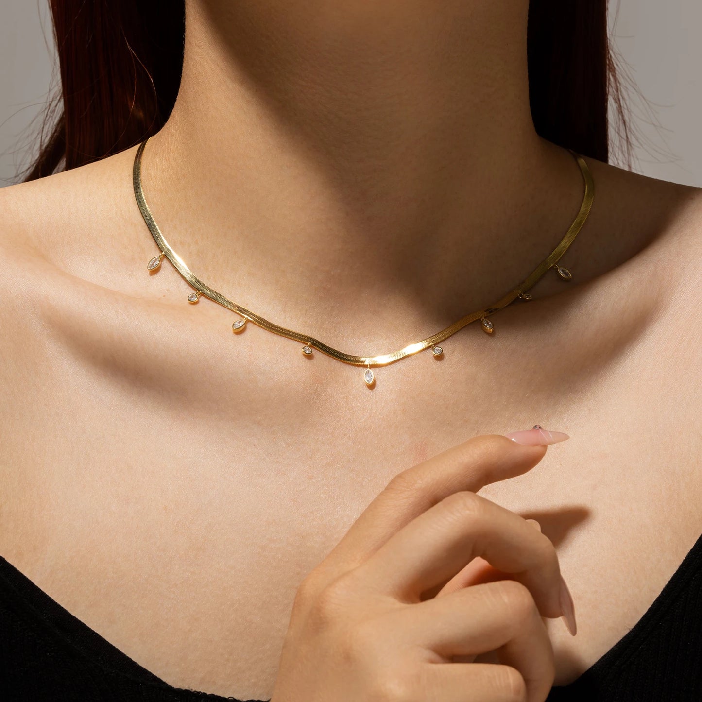 925 Sterling Silver Gold Chain Necklace Choker  Zircon Crystal Luxury