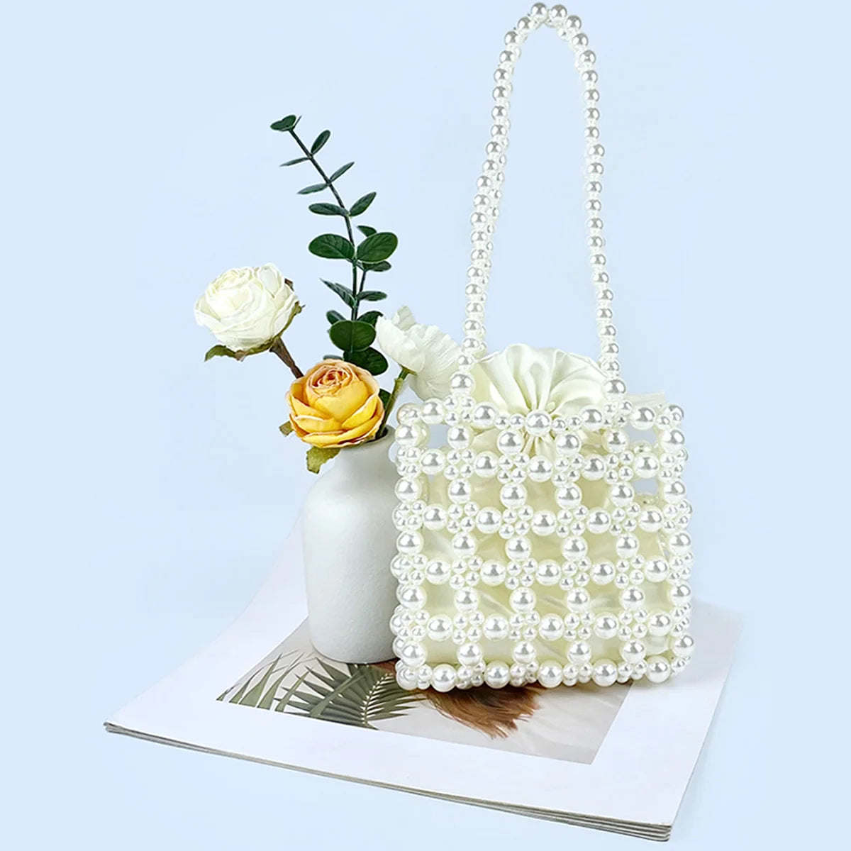 New French style elegant lady pearl handbag, handmade beaded finished bag, summer mobile phone small square bag