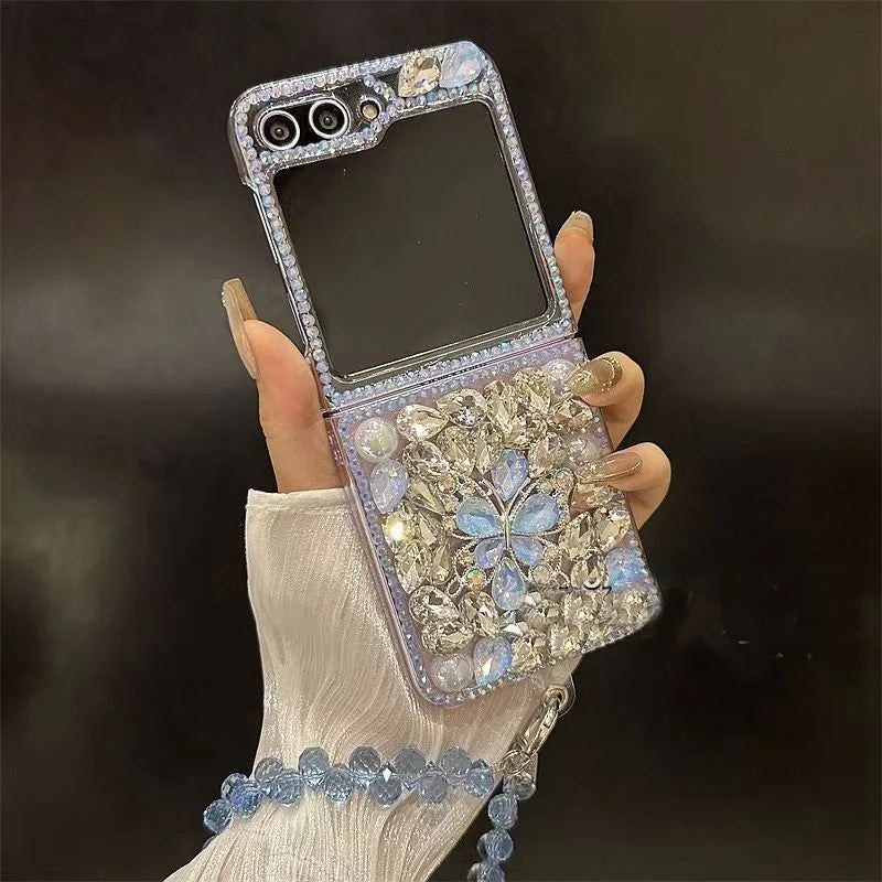 Cute Stone Crystal Pearl Elegant Butterfly Diamond Wrist Phone Case Cover For Samsung Galaxy  Z Flip 3 4 5 6 ZFLIP6