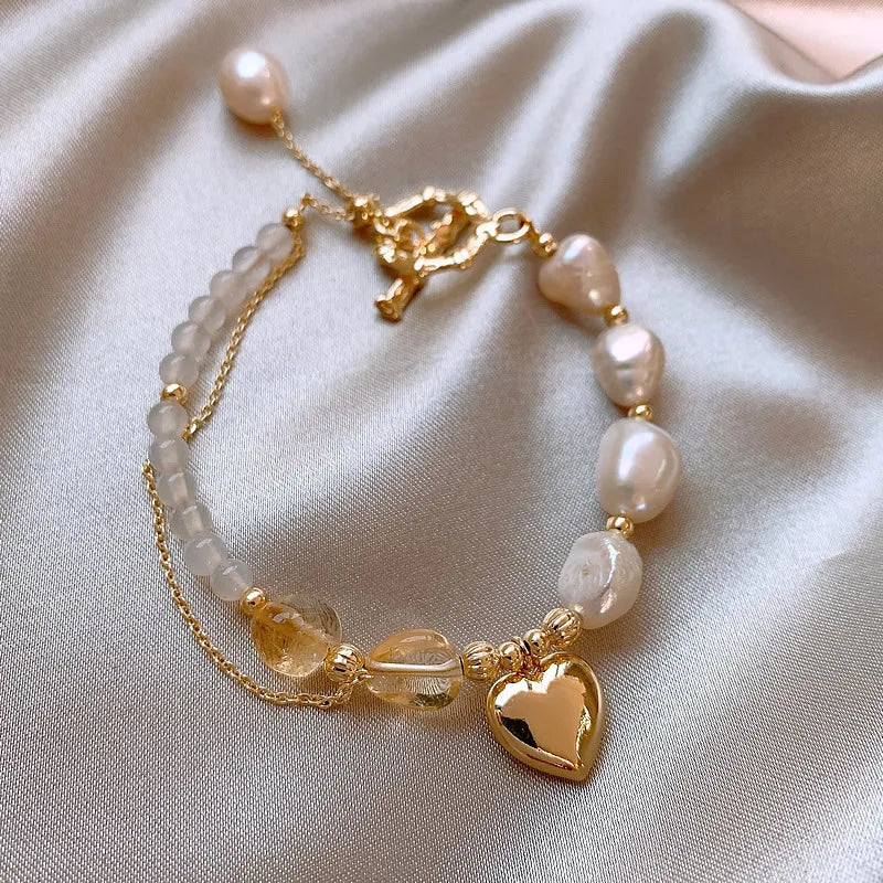 Romantic Love Heart Natural Baroque Freshwater Pearl & Yellow Crystal 14K Gold Filled  Jewelry Sets