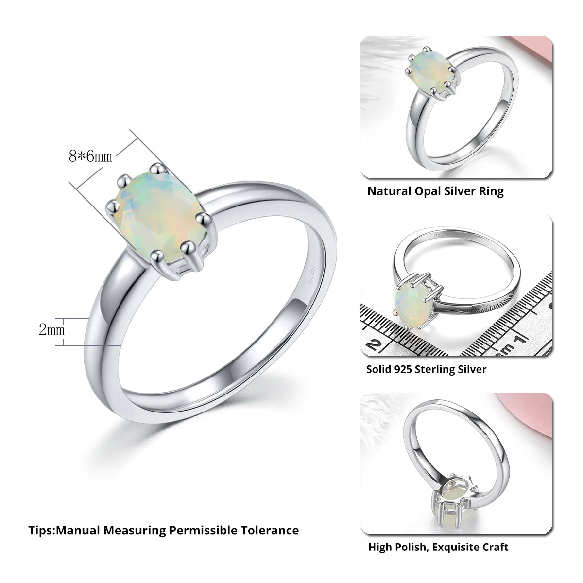 Natural Opal Sterling Silver Rings 0.85 Carats Genuine Gemstone Classic Simple Design Fine Jewelry Daily Decorations Women Gifts