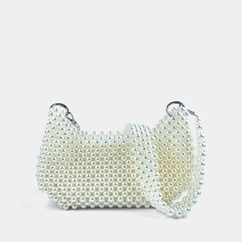 New Chinese style socialite hand woven armpit small square bag bead pearl saddle bag banquet shoulder bag