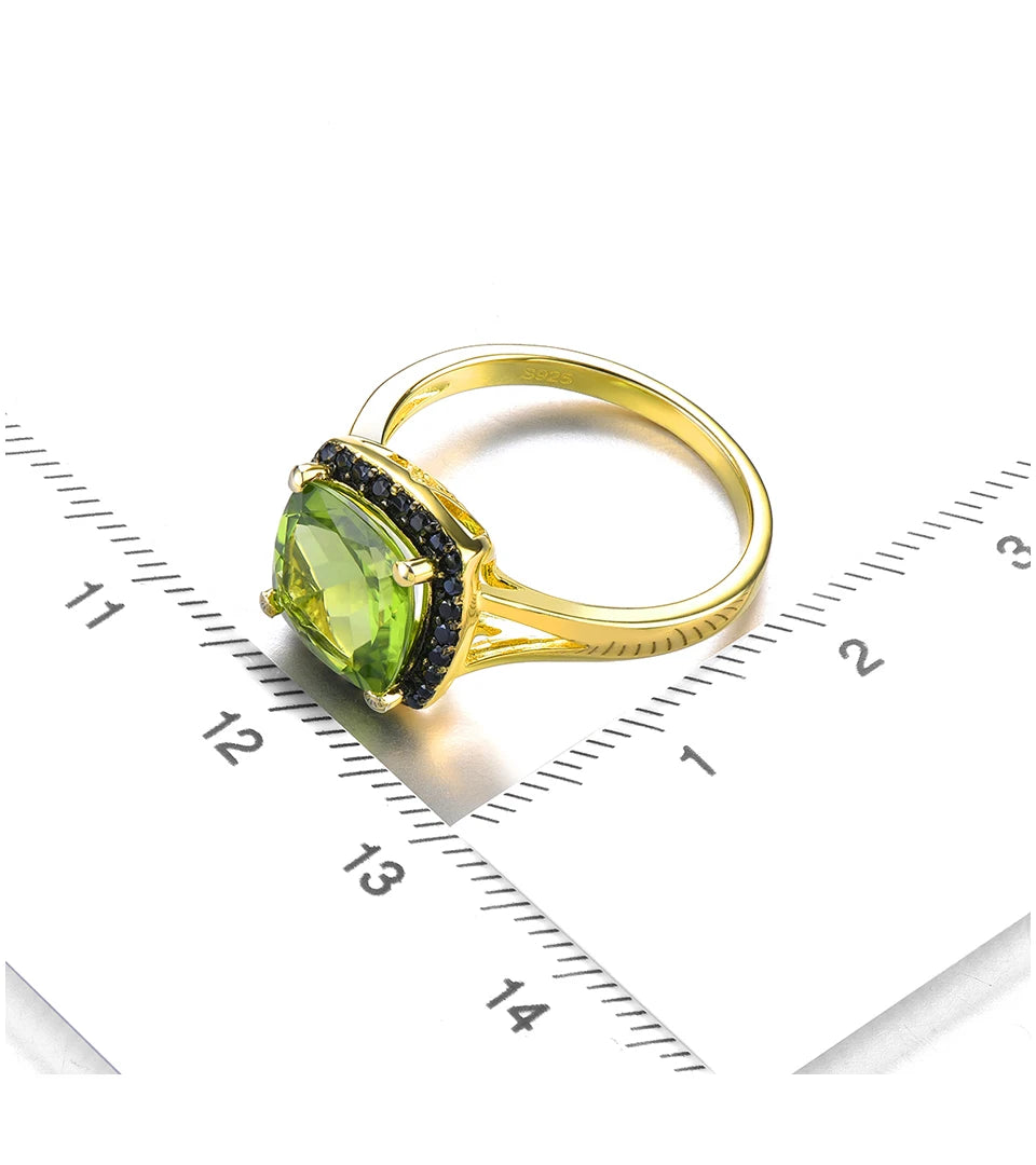 Natural Peridot Black Spinel Silver Yellow Gold Plated Ring 3 Carats Genuine Gemstone Speical Design Top Quality