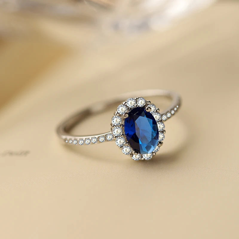 Fashionable High-end Authentic S925 Silver Four-claw Flower Round Oval Sapphire Geometric Engagement Bride Gift Jewelry