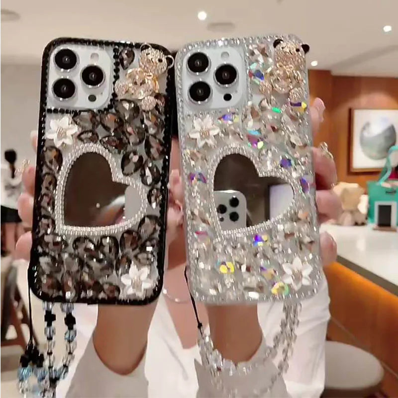 Shockproof Phone Case with Diamond Makeup Mirror for Women, Luxury Back Cover for Huawei P50Pro, P40, Honor 9X, 50, 60Pro